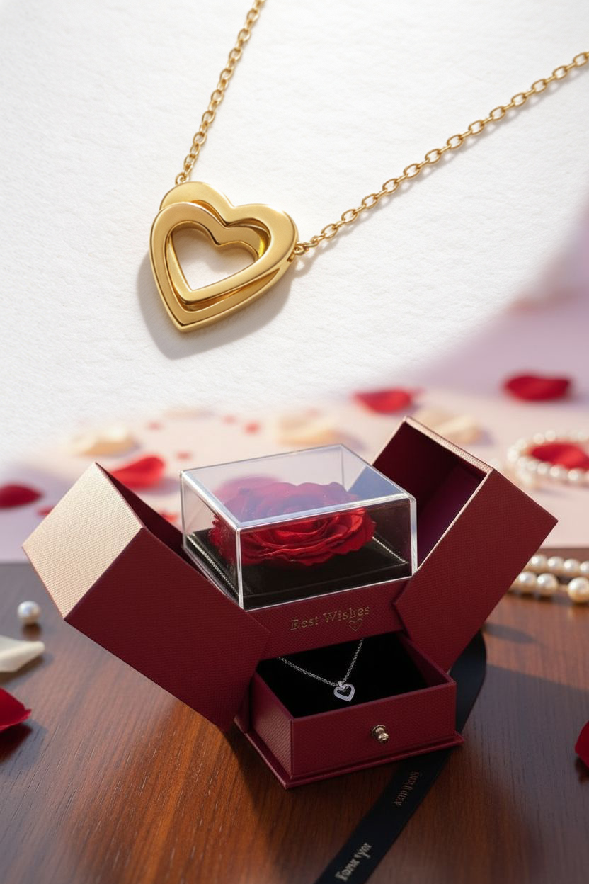 💝 Cofanetto Rosa Eterna & Collana Cuore 💝