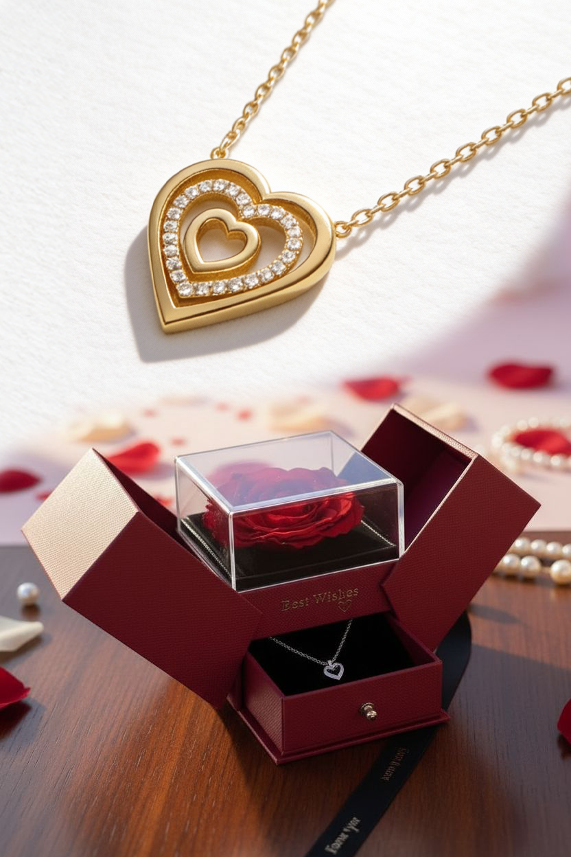 💝 Cofanetto Rosa Eterna & Collana Cuore 💝