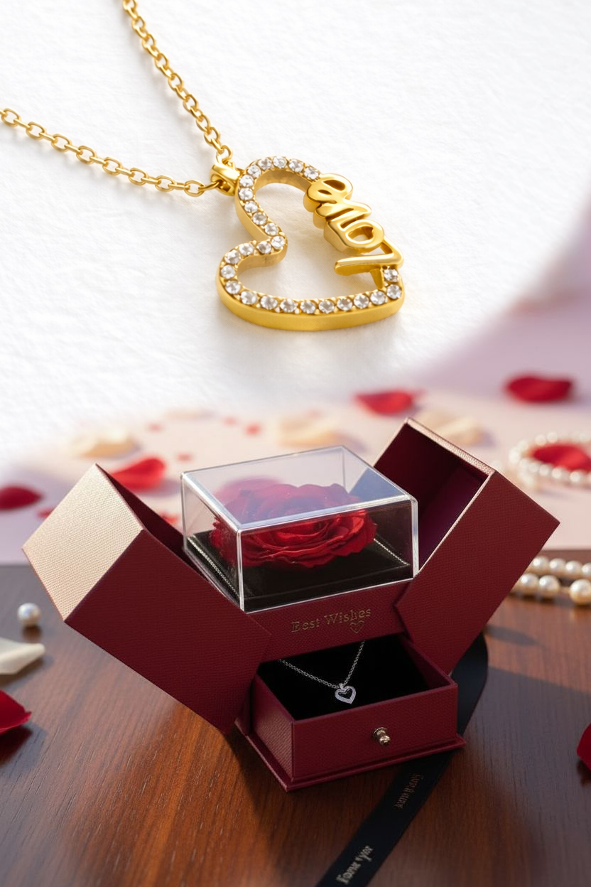 💝 Cofanetto Rosa Eterna & Collana Cuore 💝